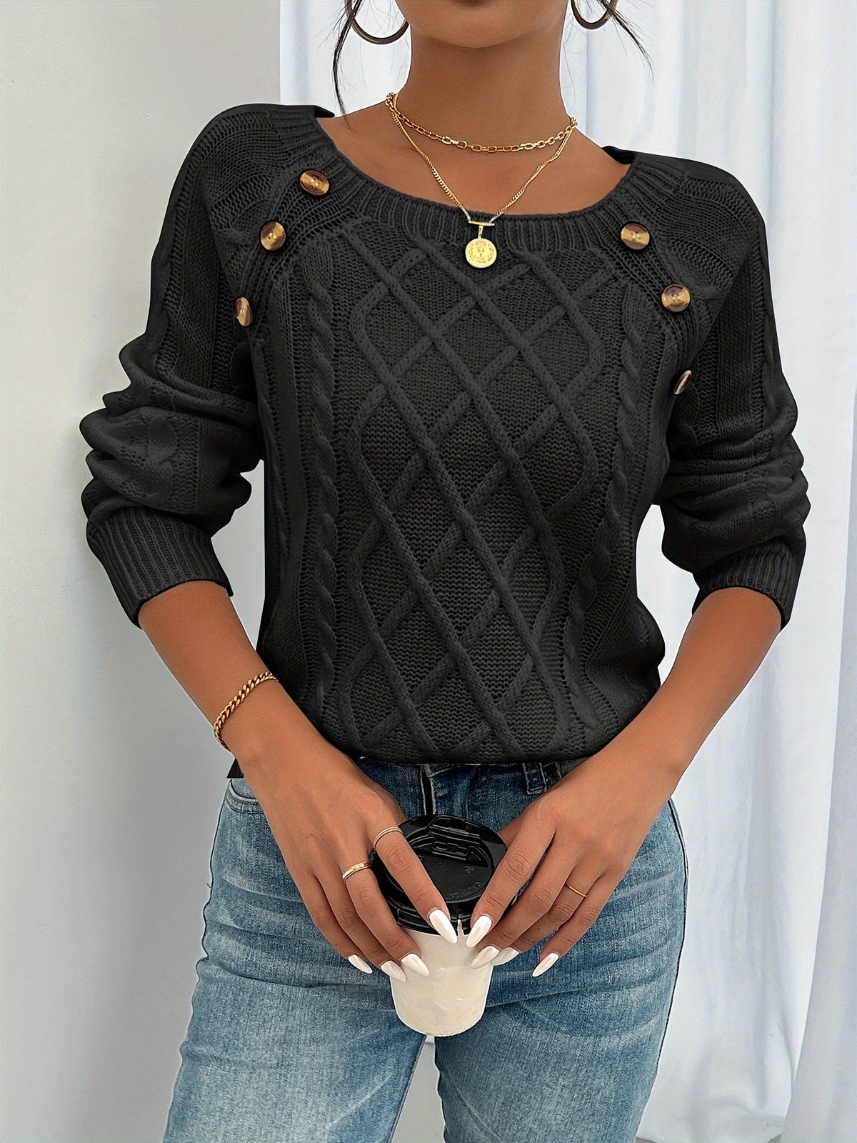 Cable Knit Sweater White Long Sleeve Women's Square Neck Button Shoulder Pullover – Casual, Office