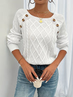 Cable Knit Sweater White Long Sleeve Women's Square Neck Button Shoulder Pullover – Casual, Office