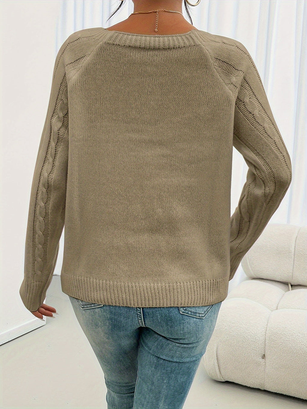 Cable Knit Sweater White Long Sleeve Women's Square Neck Button Shoulder Pullover – Casual, Office