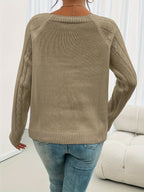 Cable Knit Sweater White Long Sleeve Women's Square Neck Button Shoulder Pullover – Casual, Office