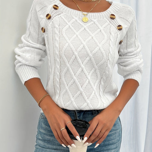 Cable Knit Sweater White Long Sleeve Women's Square Neck Button Shoulder Pullover – Casual, Office
