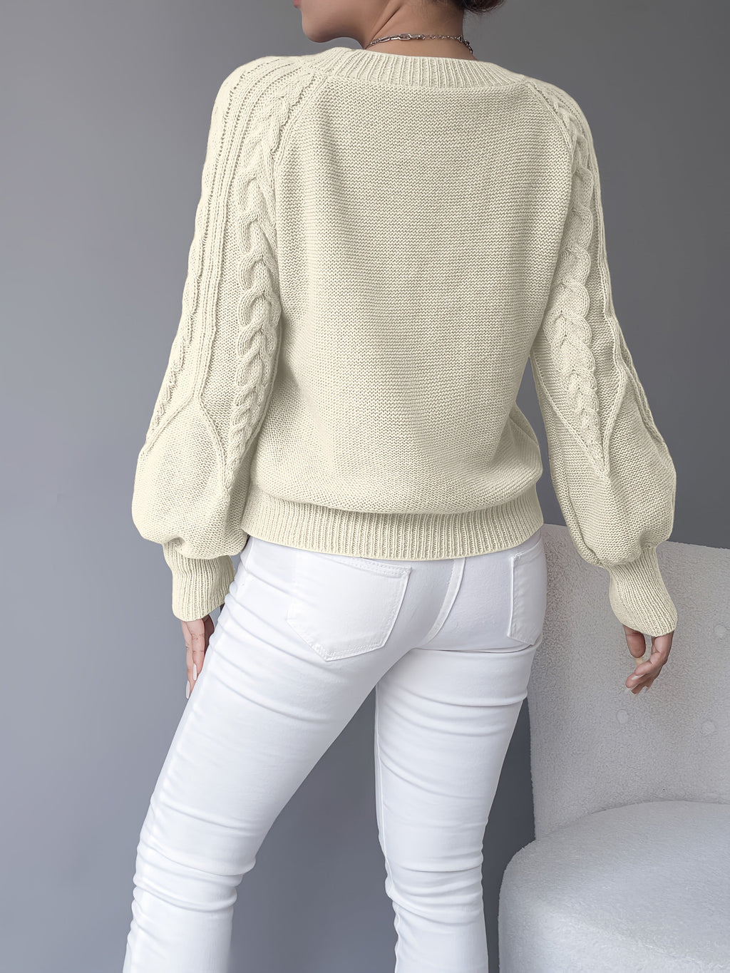 Cable Knit Sweater Women's Balloon Sleeve Crew Neck Pullover – Casual, Office · Faylori