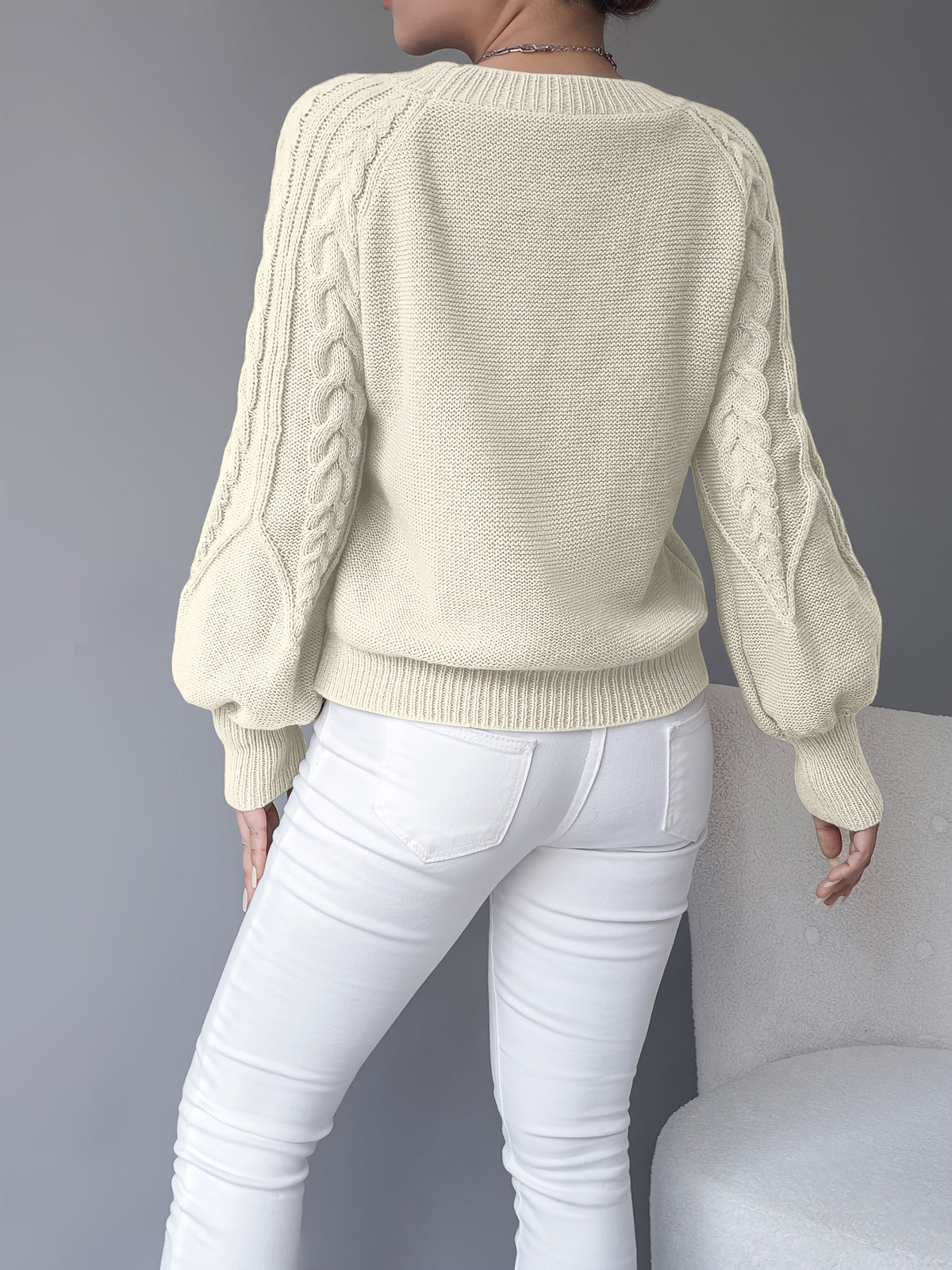 Cable Knit Sweater Women's Balloon Sleeve Crew Neck Pullover – Casual, Office · Faylori