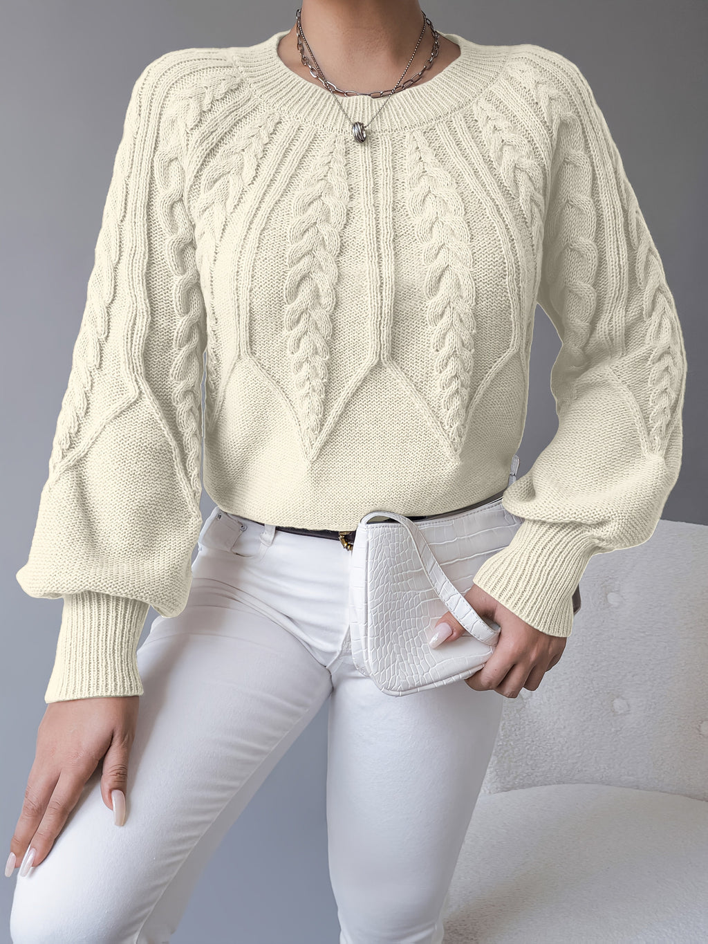Cable Knit Sweater Women's Balloon Sleeve Crew Neck Pullover – Casual, Office · Faylori