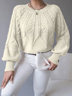Cable Knit Sweater Women's Balloon Sleeve Crew Neck Pullover – Casual, Office · Faylori