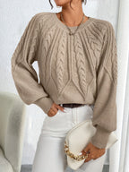 Cable Knit Sweater Women's Balloon Sleeve Crew Neck Pullover – Casual, Office · Faylori