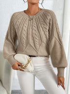 Cable Knit Sweater Women's Balloon Sleeve Crew Neck Pullover – Casual, Office · Faylori