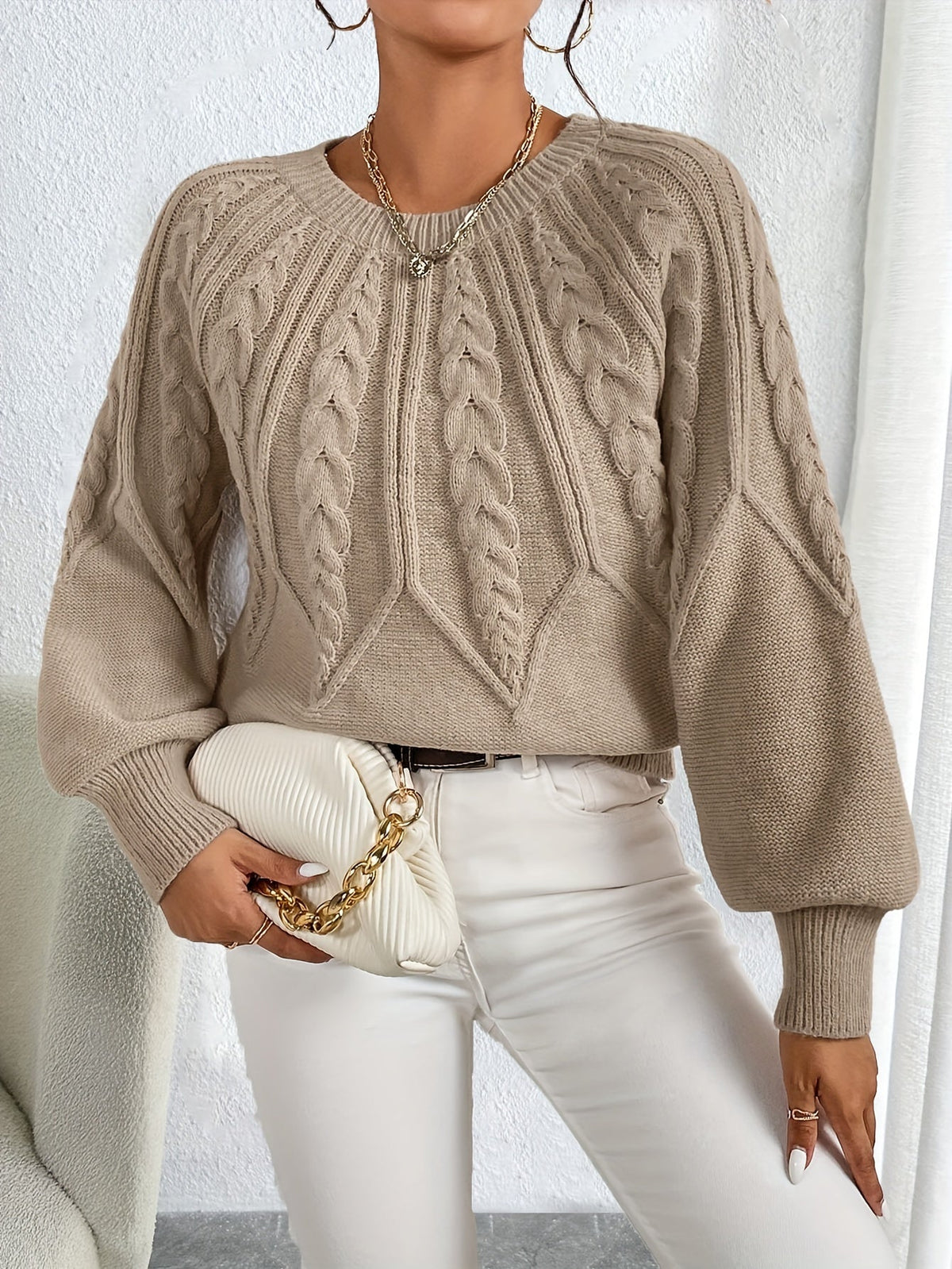 Cable Knit Sweater Women's Balloon Sleeve Crew Neck Pullover – Casual, Office · Faylori
