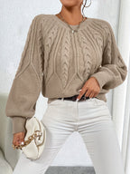 Cable Knit Sweater Women's Balloon Sleeve Crew Neck Pullover – Casual, Office · Faylori