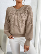 Cable Knit Sweater Women's Balloon Sleeve Crew Neck Pullover – Casual, Office · Faylori
