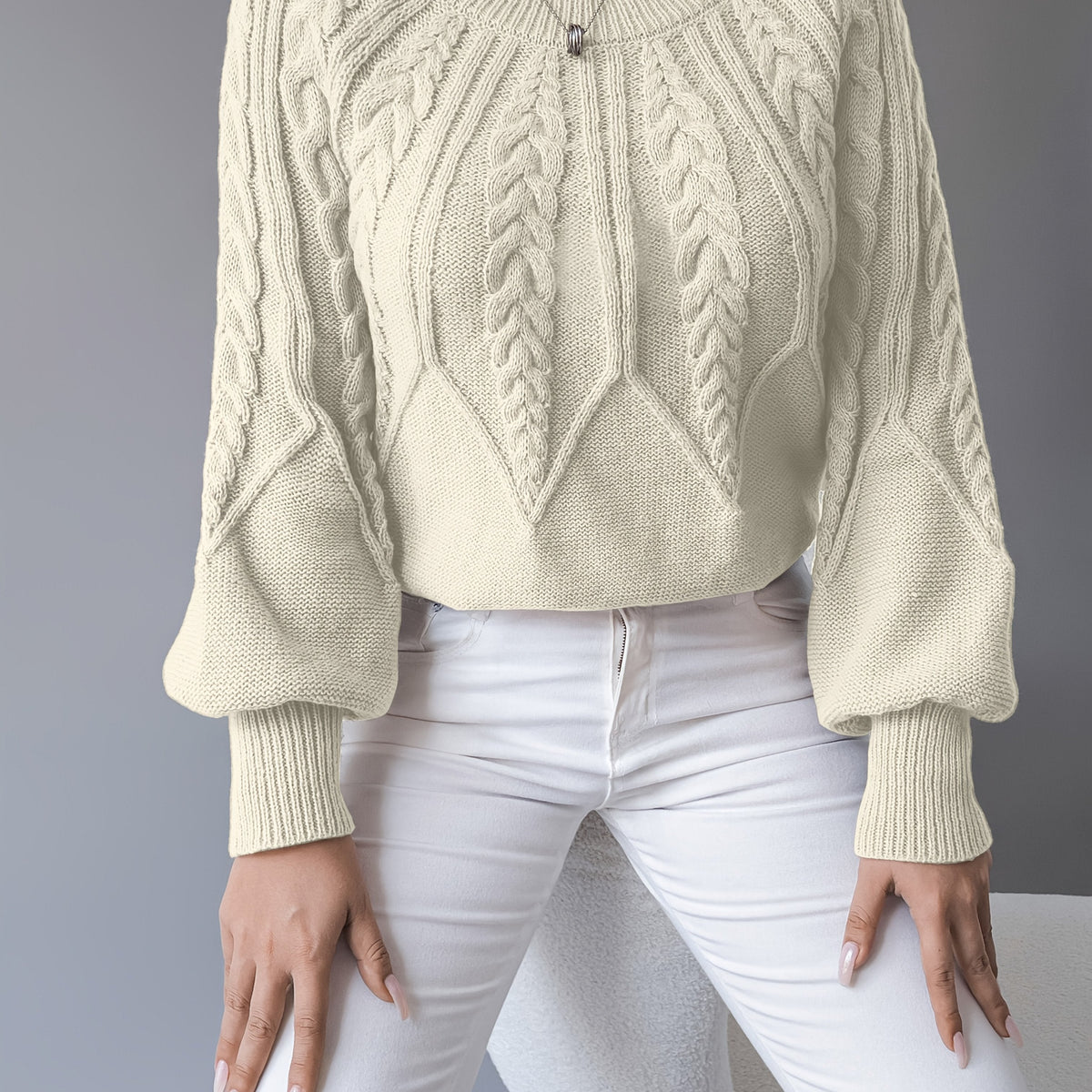 Cable Knit Sweater Women's Balloon Sleeve Crew Neck Pullover – Casual, Office · Faylori