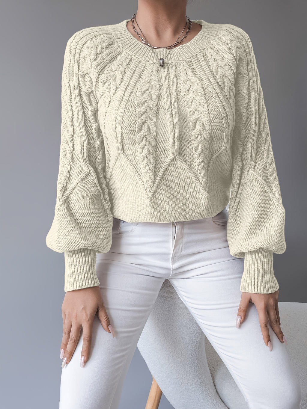 Cable Knit Sweater Women's Balloon Sleeve Crew Neck Pullover – Casual, Office · Faylori