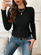 Cable Knit Sweater Women's Black Long Sleeve Crew Neck Pullover – Casual, Office