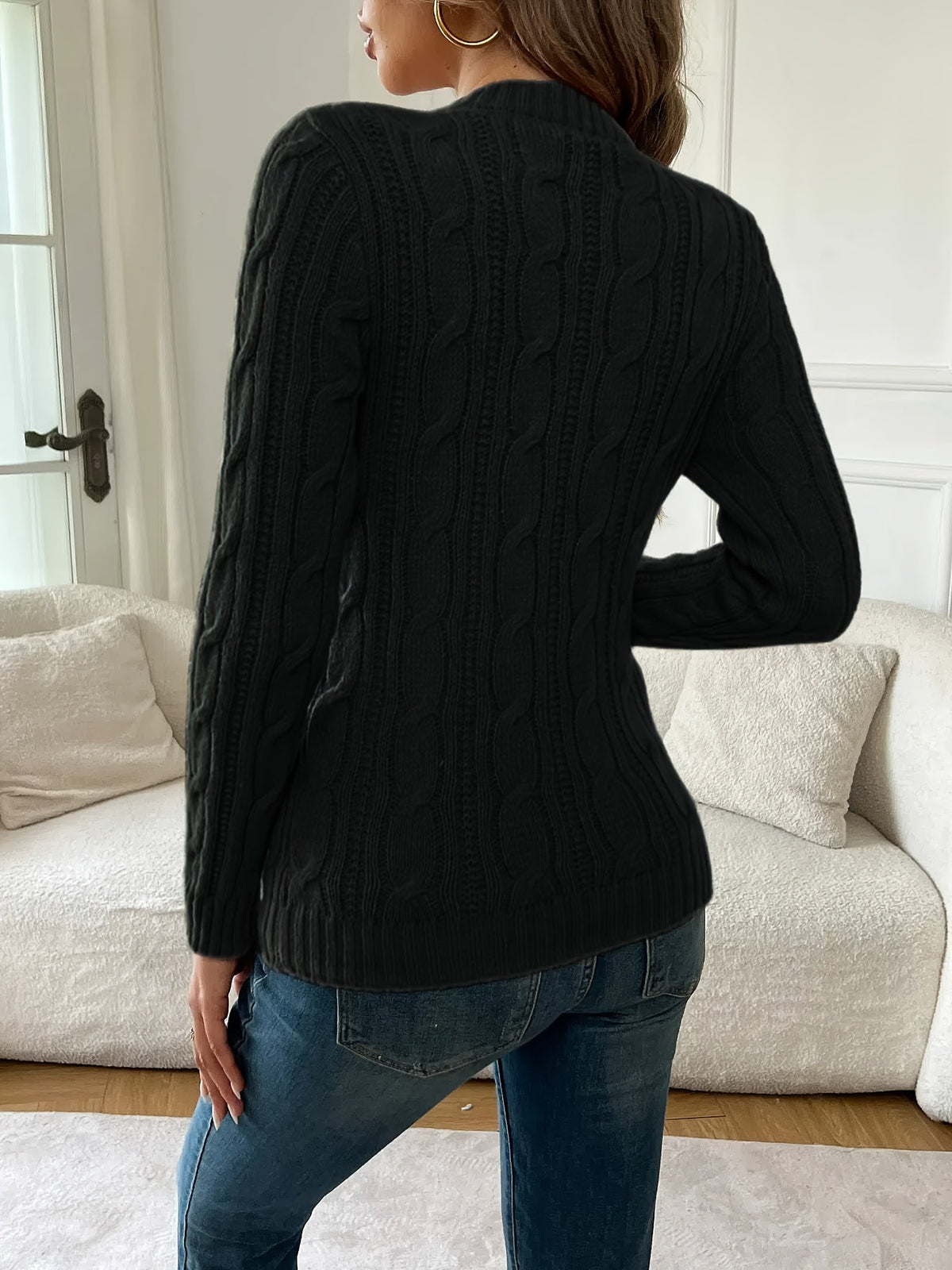 Cable Knit Sweater Women's Black Long Sleeve Crew Neck Pullover – Casual, Office