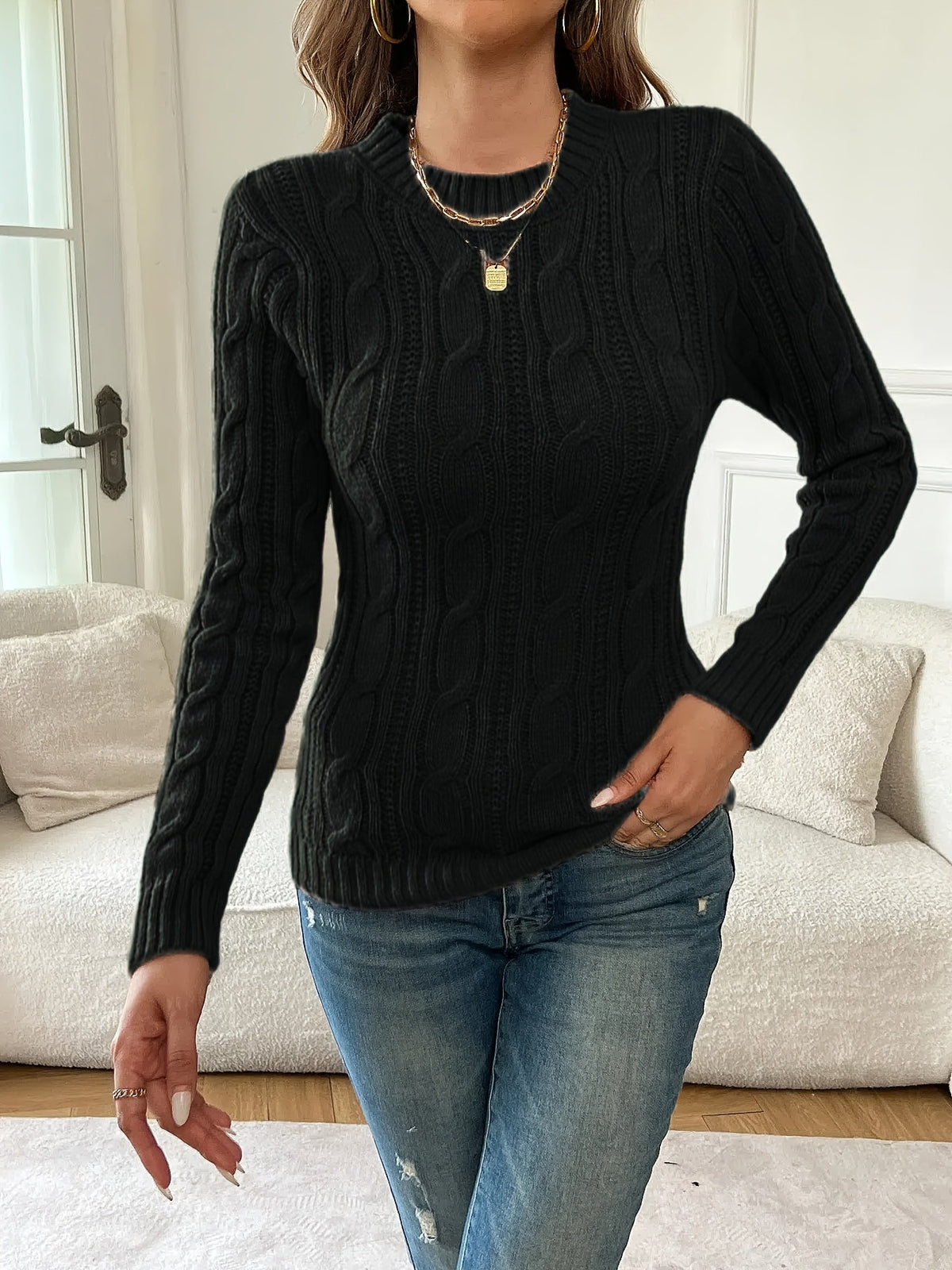 Cable Knit Sweater Women's Black Long Sleeve Crew Neck Pullover – Casual, Office