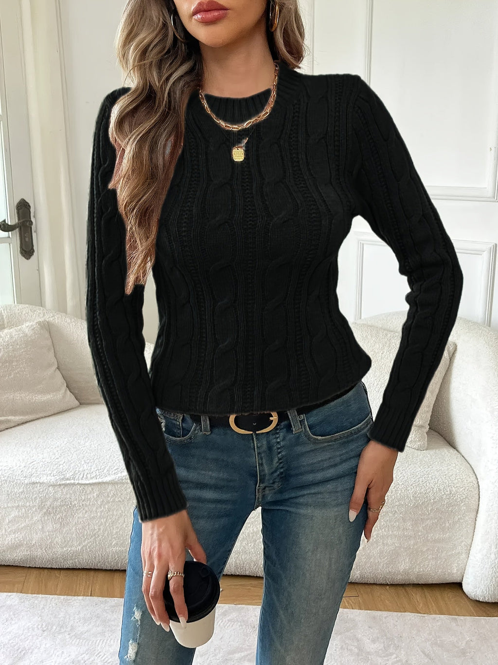 Cable Knit Sweater Women's Black Long Sleeve Crew Neck Pullover – Casual, Office
