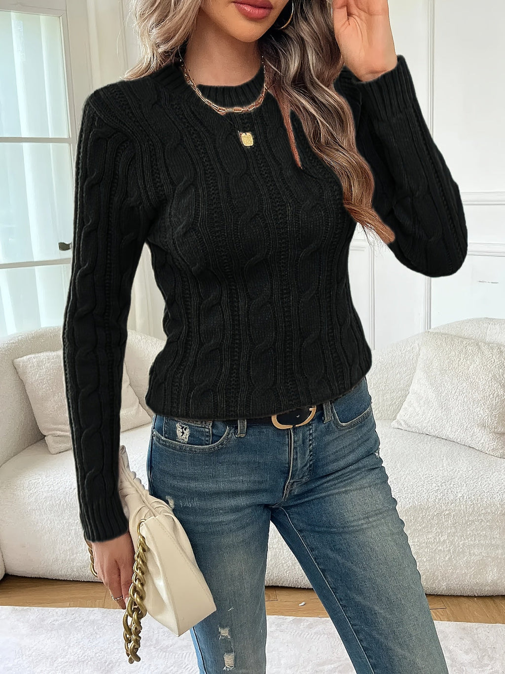 Cable Knit Sweater Women's Black Long Sleeve Crew Neck Pullover – Casual, Office