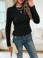 Cable Knit Sweater Women's Black Long Sleeve Crew Neck Pullover – Casual, Office