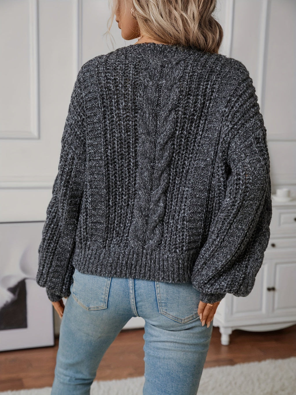 Cable Knit Sweater Women's Chunky V-Neck Long Sleeve Pullover Dark Gray – Casual, Fall Winter Layering