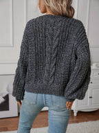 Cable Knit Sweater Women's Chunky V-Neck Long Sleeve Pullover Dark Gray – Casual, Fall Winter Layering