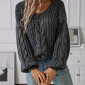 Cable Knit Sweater Women's Chunky V-Neck Long Sleeve Pullover Dark Gray – Casual, Fall Winter Layering