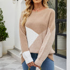 Cable-Knit Sweater Women's Colorblock Crew Neck Ribbed Long Sleeve Pullover – Casual, Office, Holiday, Gift