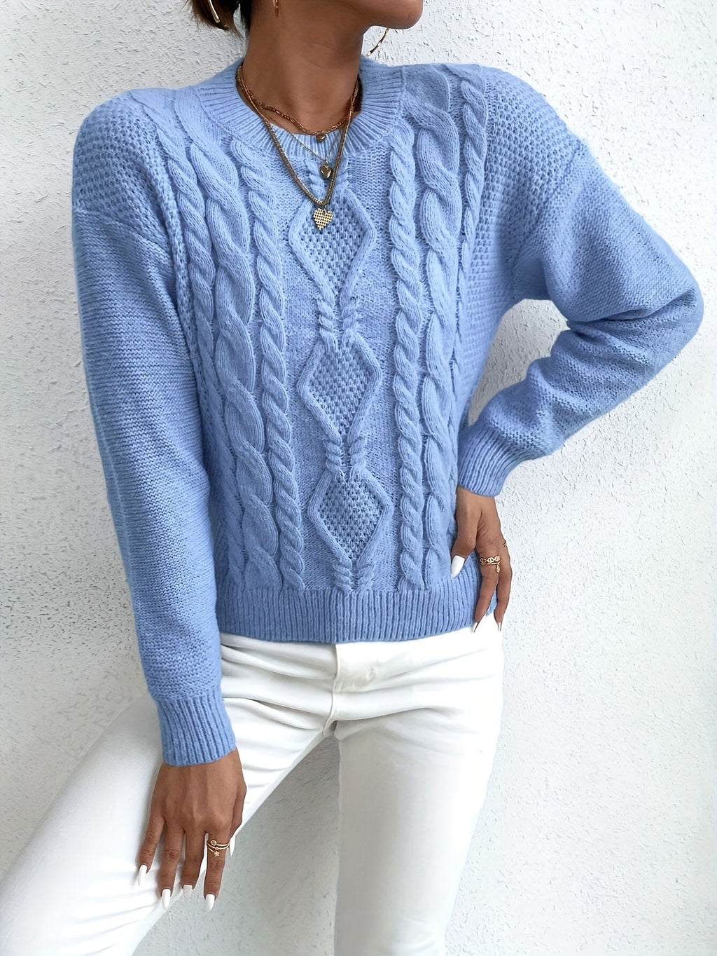 Cable Knit Sweater Women's Pink Long Sleeve Chunky Pullover – Casual, Winter Layering