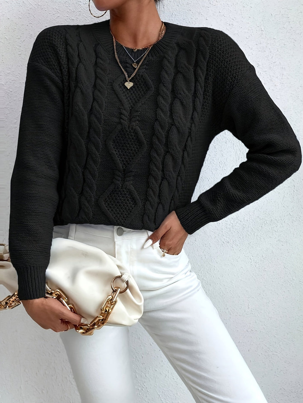 Cable Knit Sweater Women's Pink Long Sleeve Chunky Pullover – Casual, Winter Layering