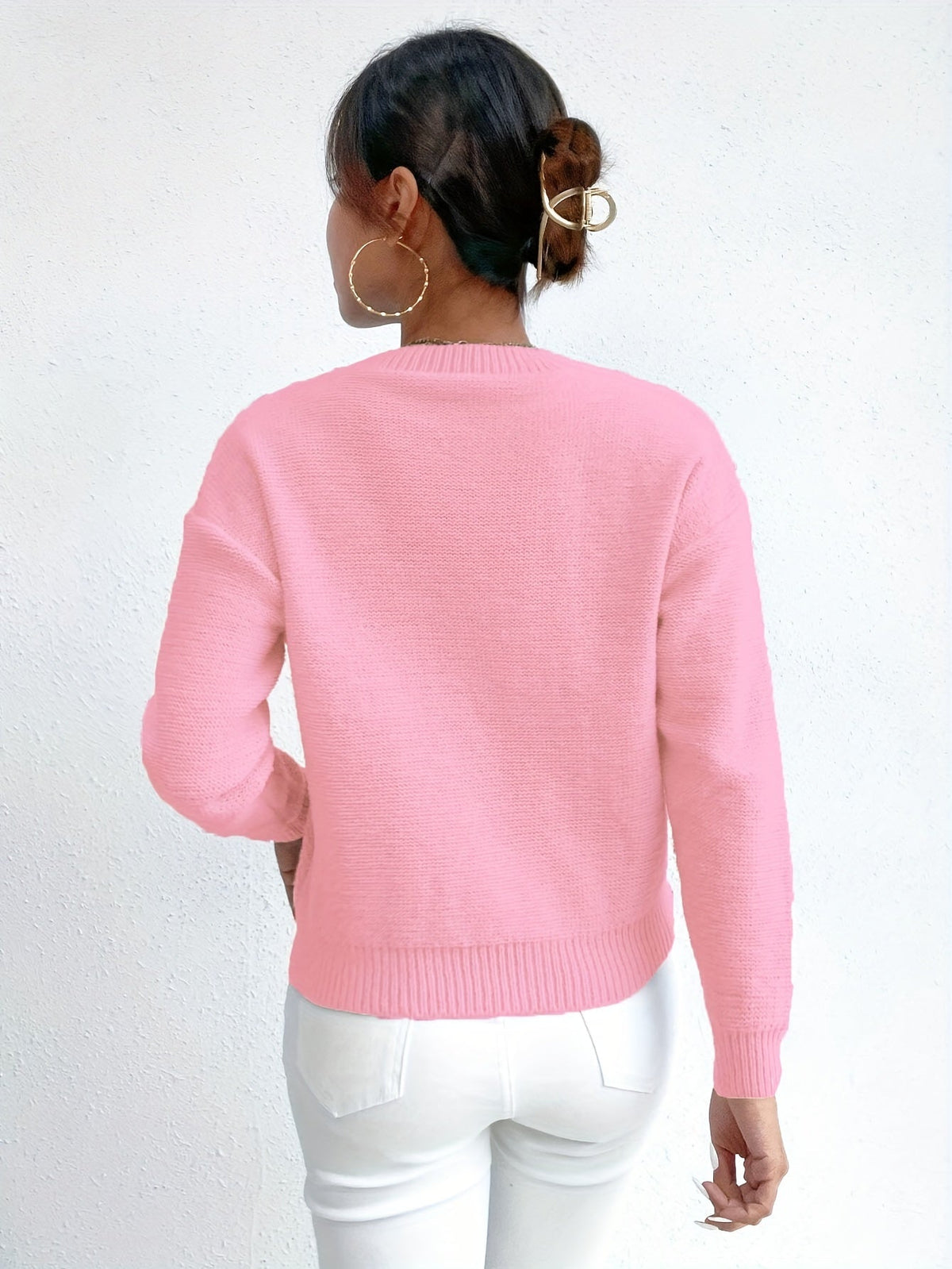 Cable Knit Sweater Women's Pink Long Sleeve Chunky Pullover – Casual, Winter Layering