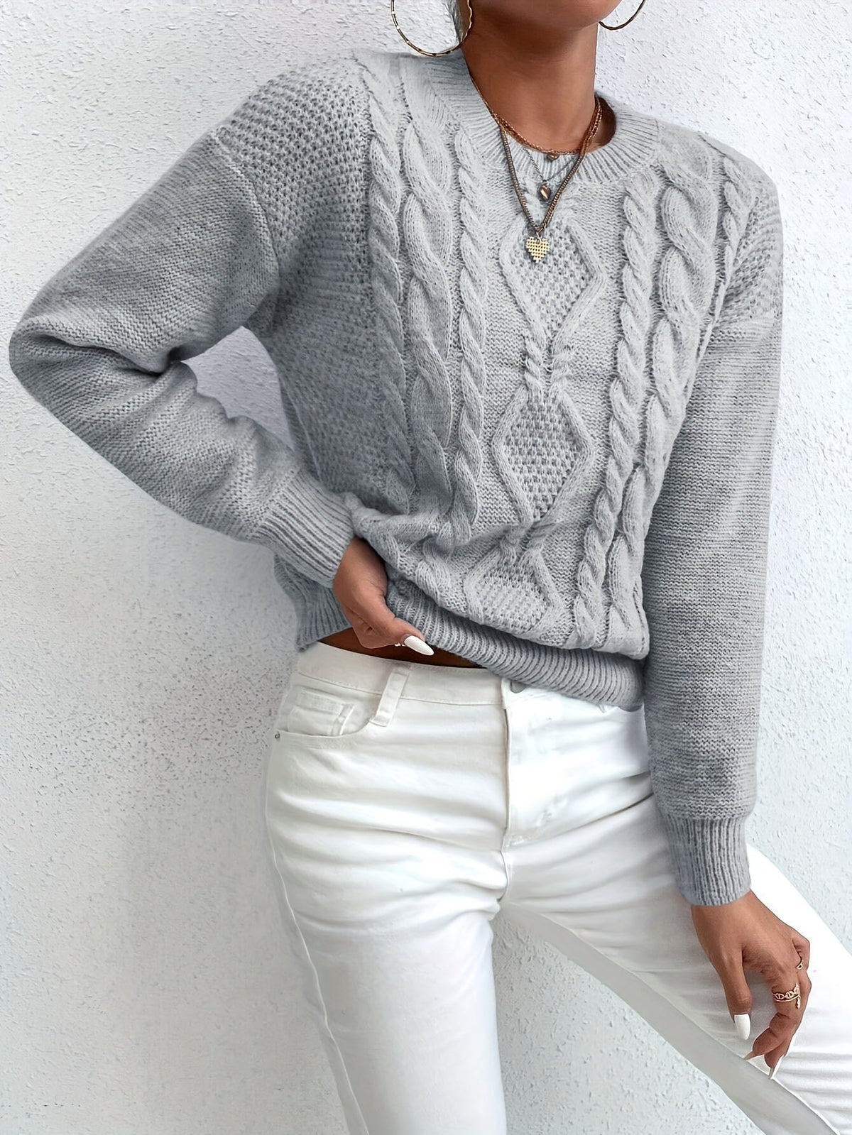 Cable Knit Sweater Women's Pink Long Sleeve Chunky Pullover – Casual, Winter Layering
