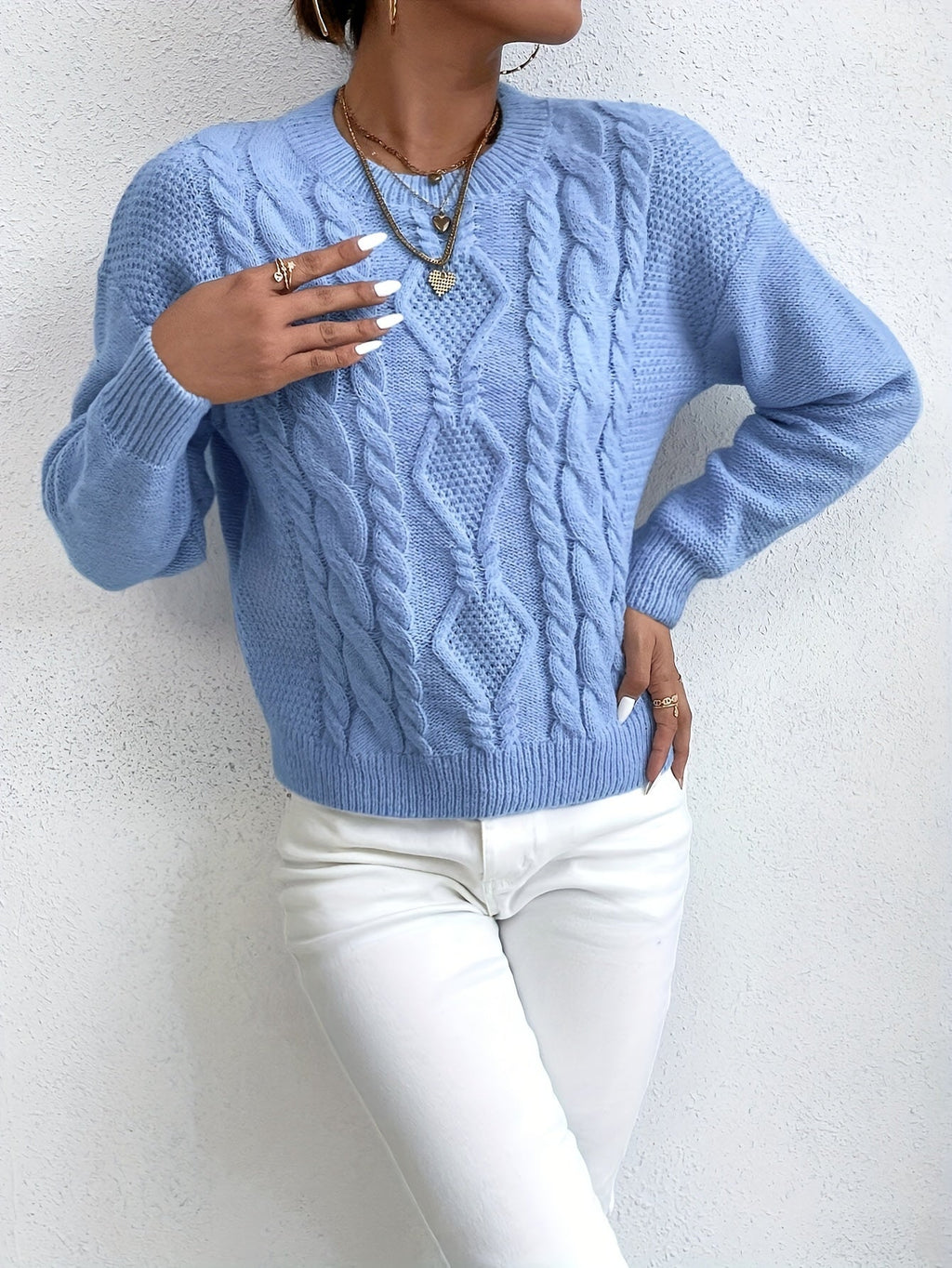 Cable Knit Sweater Women's Pink Long Sleeve Chunky Pullover – Casual, Winter Layering
