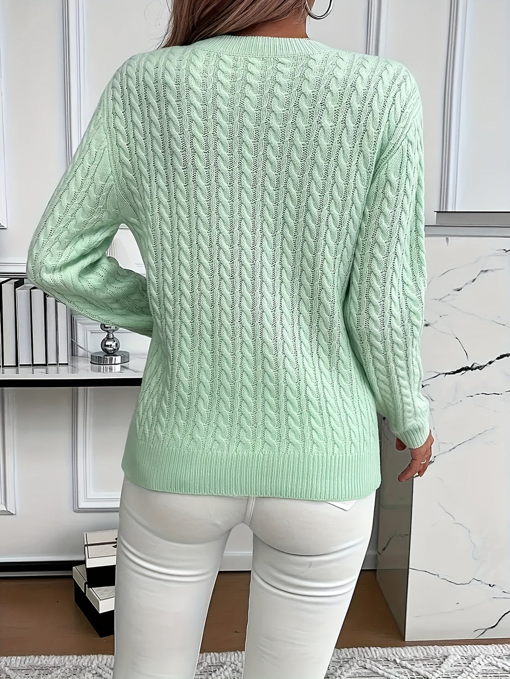 Cable Knit Sweater Women's Round Neck Long Sleeve Mint Green Pullover – Casual, Office, Fall Winter, Gift