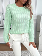 Cable Knit Sweater Women's Round Neck Long Sleeve Mint Green Pullover – Casual, Office, Fall Winter, Gift