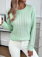 Cable Knit Sweater Women's Round Neck Long Sleeve Mint Green Pullover – Casual, Office, Fall Winter, Gift