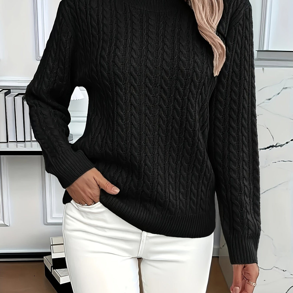 Cable Knit Sweater Women's Round Neck Long Sleeve Mint Green Pullover – Casual, Office, Fall Winter, Gift