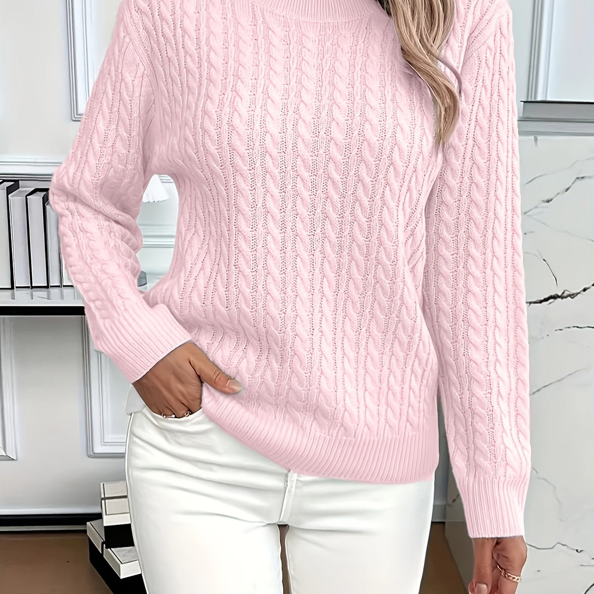Cable Knit Sweater Women's Round Neck Long Sleeve Mint Green Pullover – Casual, Office, Fall Winter, Gift