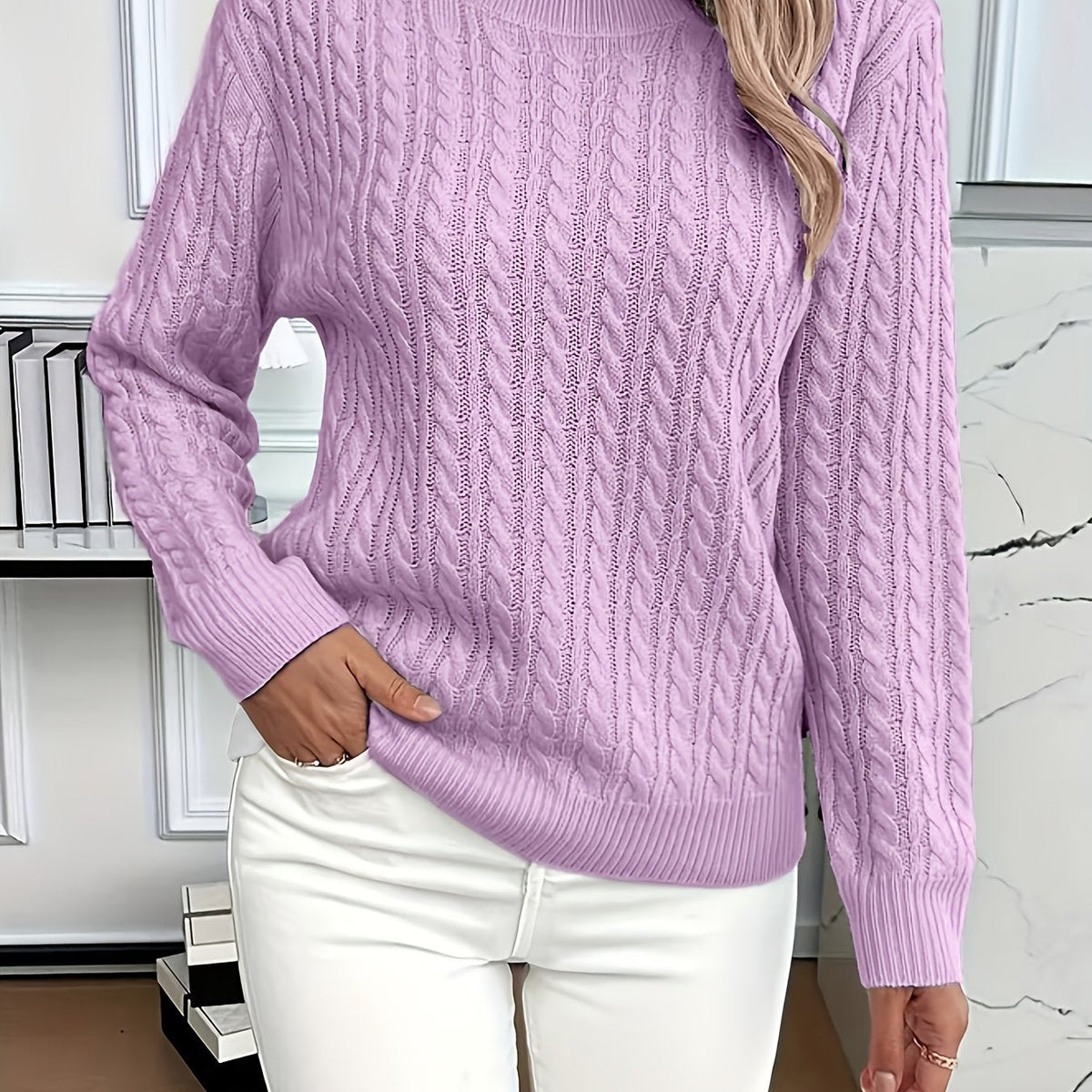 Cable Knit Sweater Women's Round Neck Long Sleeve Mint Green Pullover – Casual, Office, Fall Winter, Gift