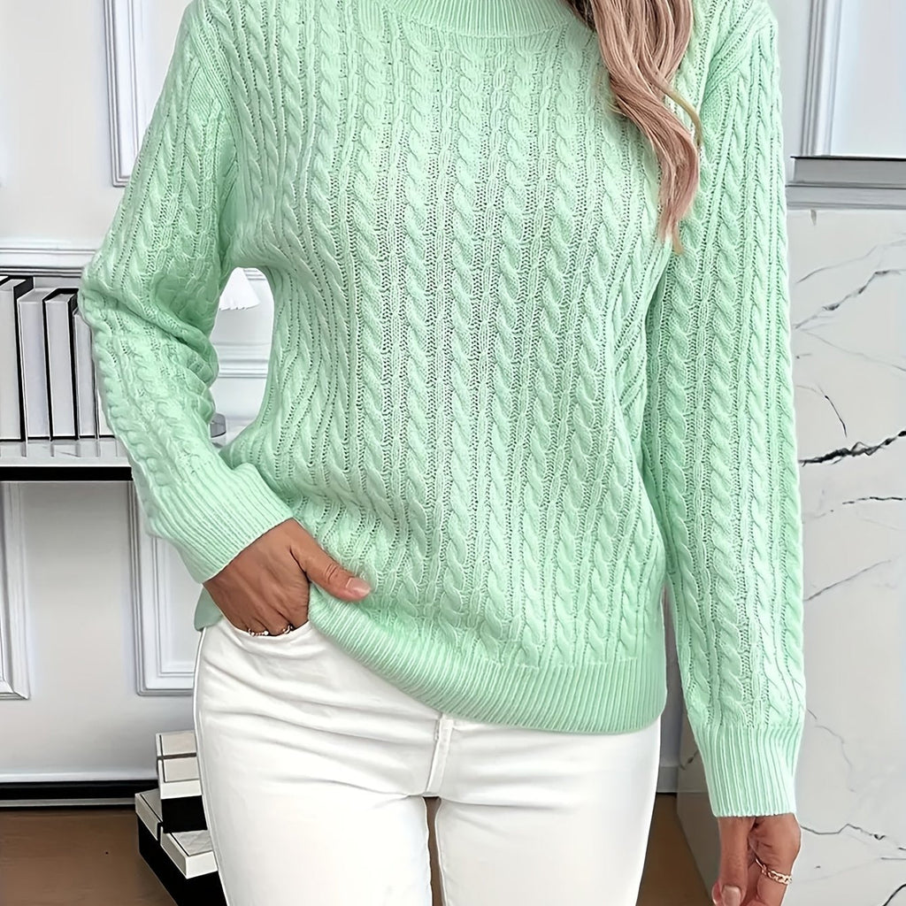 Cable Knit Sweater Women's Round Neck Long Sleeve Mint Green Pullover – Casual, Office, Fall Winter, Gift