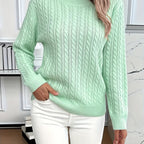 Cable Knit Sweater Women's Round Neck Long Sleeve Mint Green Pullover – Casual, Office, Fall Winter, Gift