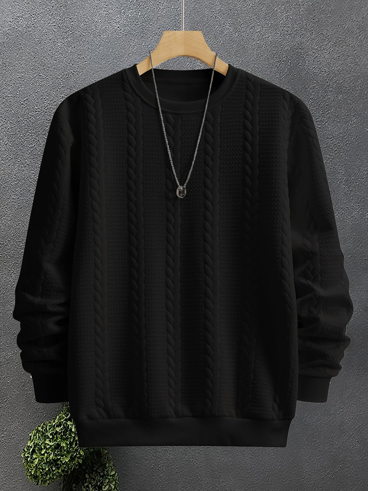Cable Knit Textured Crew Neck Sweatshirt Black Men's Long Sleeve Pullover – Casual, Office