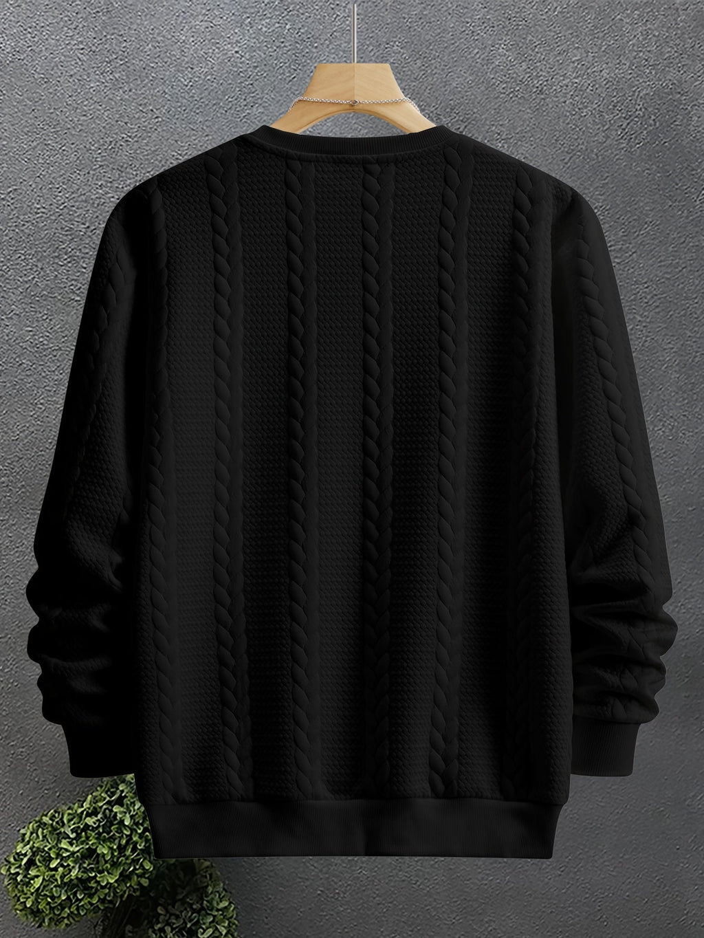 Cable Knit Textured Crew Neck Sweatshirt Black Men's Long Sleeve Pullover – Casual, Office