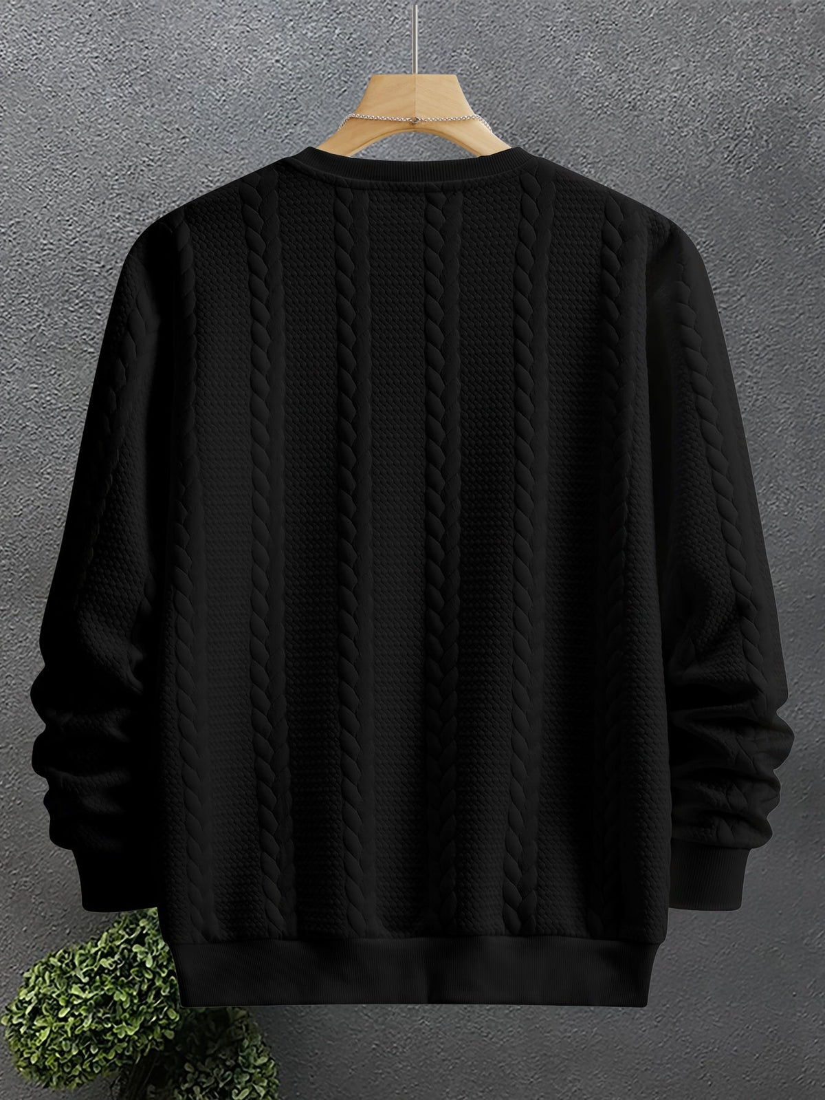 Cable Knit Textured Crew Neck Sweatshirt Black Men's Long Sleeve Pullover – Casual, Office