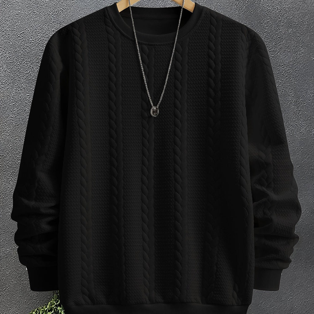 Cable Knit Textured Crew Neck Sweatshirt Black Men's Long Sleeve Pullover – Casual, Office