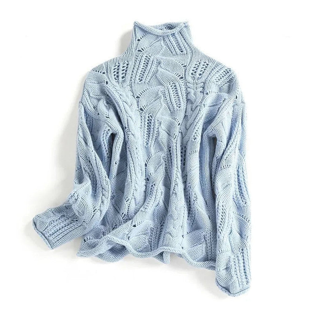 Cable-Knit Turtleneck Sweater Women's Light Blue Relaxed Fit Pullover – Casual, Office, Winter, Gift