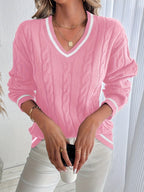 Cable-Knit V-Neck Sweater Women's Pink Long Sleeve Contrast Stripe Pullover – Casual, Office, Holiday, Gift