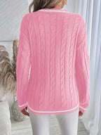 Cable-Knit V-Neck Sweater Women's Pink Long Sleeve Contrast Stripe Pullover – Casual, Office, Holiday, Gift