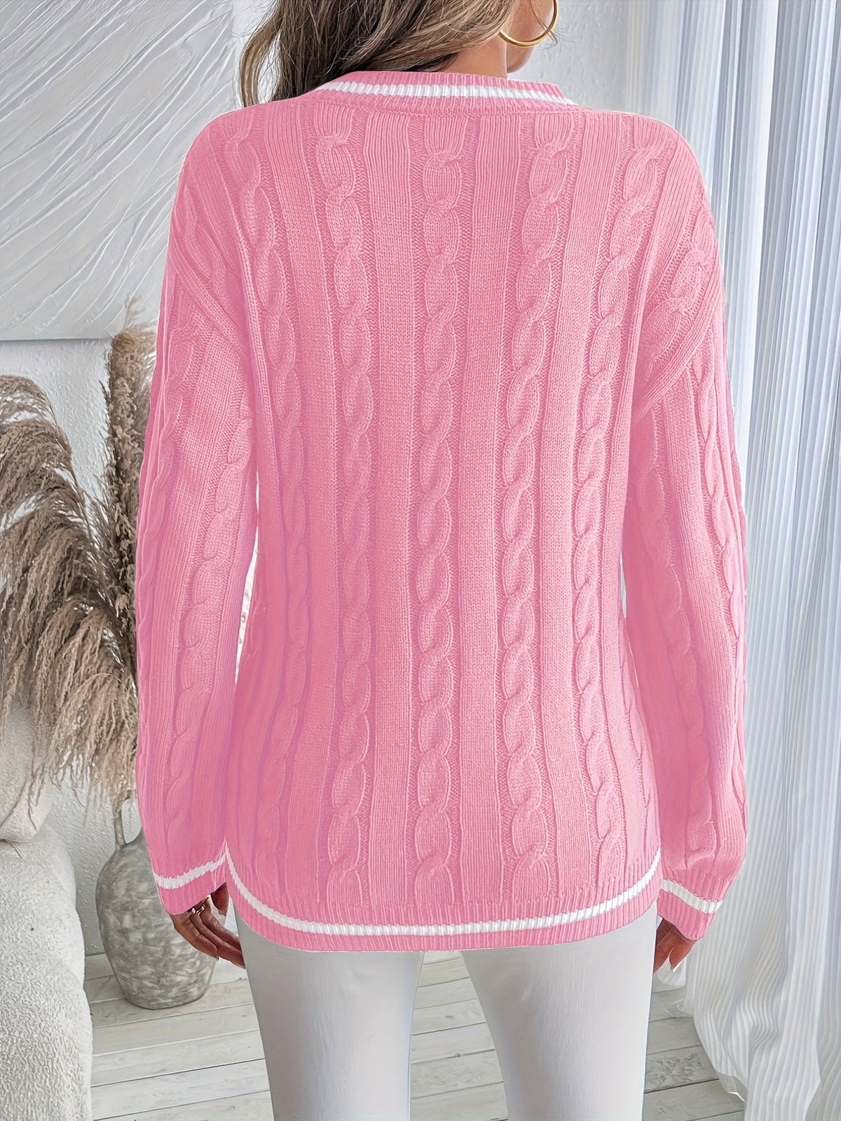 Cable-Knit V-Neck Sweater Women's Pink Long Sleeve Contrast Stripe Pullover – Casual, Office, Holiday, Gift