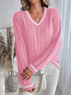 Cable-Knit V-Neck Sweater Women's Pink Long Sleeve Contrast Stripe Pullover – Casual, Office, Holiday, Gift