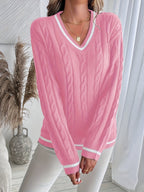Cable-Knit V-Neck Sweater Women's Pink Long Sleeve Contrast Stripe Pullover – Casual, Office, Holiday, Gift