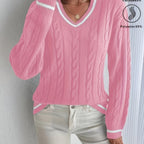 Cable-Knit V-Neck Sweater Women's Pink Long Sleeve Contrast Stripe Pullover – Casual, Office, Holiday, Gift